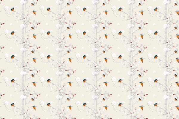 Carta da parati – Uccellini nella foresta fitta con sfondo beige