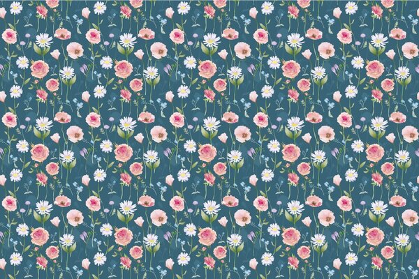 Carta da parati – Fiori romantici su sfondo blu