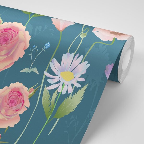 Carta da parati – Fiori romantici su sfondo blu