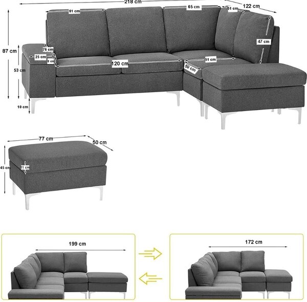 DecHome Divano Angolare 4 Posti Moderno con Penisola in Tessuto Dimensioni 218x172x87 cm colore Grigio - Dina