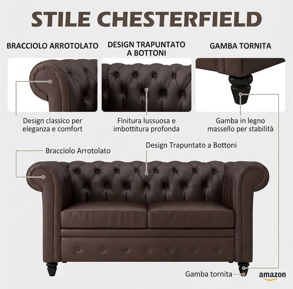 DecHome Divano Chesterfield 2 Posti Vintage in Ecopelle Dimensioni 160x84x80 cm colore Marrone