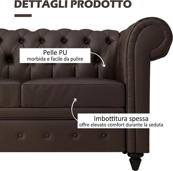 DecHome Divano Chesterfield 2 Posti Vintage in Ecopelle Dimensioni 160x84x80 cm colore Marrone