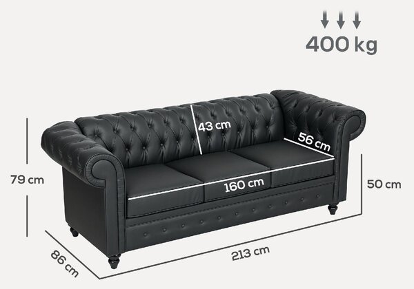 DecHome Divano Chesterfield 3 Posti Vintage in Ecopelle Dimensioni 213x86x79 cm colore Nero