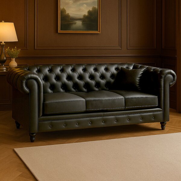 DecHome Divano Chesterfield 3 Posti Vintage in Ecopelle Dimensioni 213x86x79 cm colore Nero