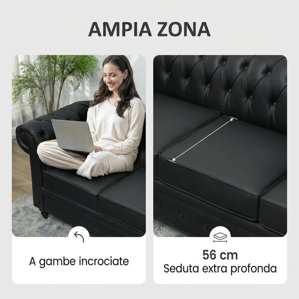 DecHome Divano Chesterfield 3 Posti Vintage in Ecopelle Dimensioni 213x86x79 cm colore Nero