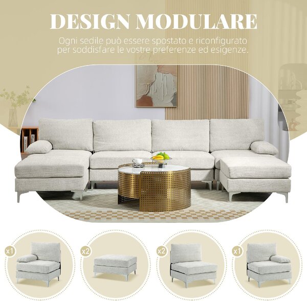 DecHome Divano Componibile 4 Posti Moderno in Tessuto effetto Ciniglia Dimensioni 313x149x88 cm colore Crema