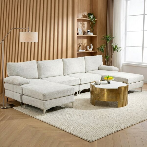 DecHome Divano Componibile 4 Posti Moderno in Tessuto effetto Ciniglia Dimensioni 313x149x88 cm colore Crema