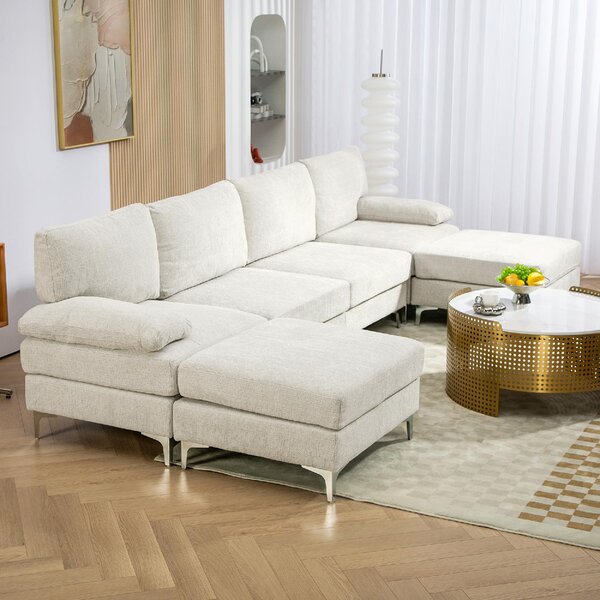 DecHome Divano Componibile 4 Posti Moderno in Tessuto effetto Ciniglia Dimensioni 313x149x88 cm colore Crema