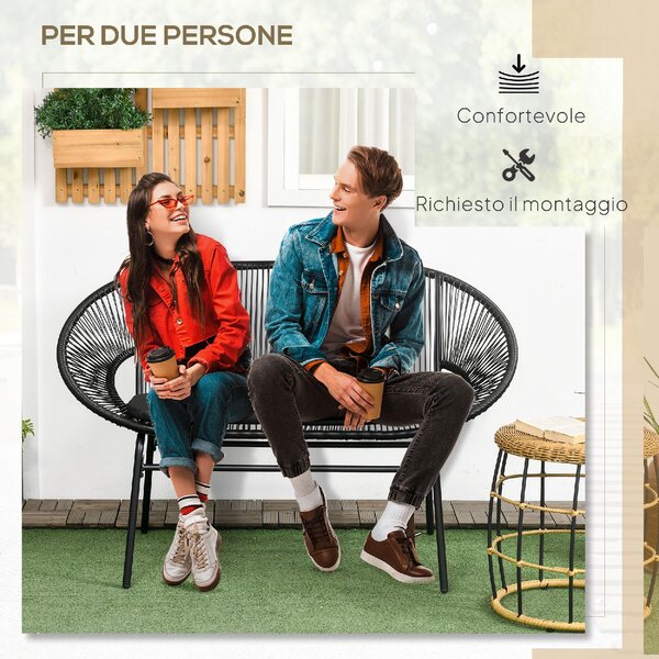 VivaGarden Divano da Esterno 2 Posti con Cuscini e Braccioli in Rattan PE e Acciaio 132x72x83 cm colore Nero