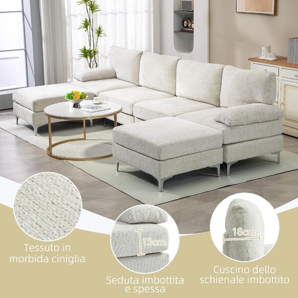 DecHome Divano Componibile 4 Posti Moderno in Tessuto effetto Ciniglia Dimensioni 313x149x88 cm colore Crema