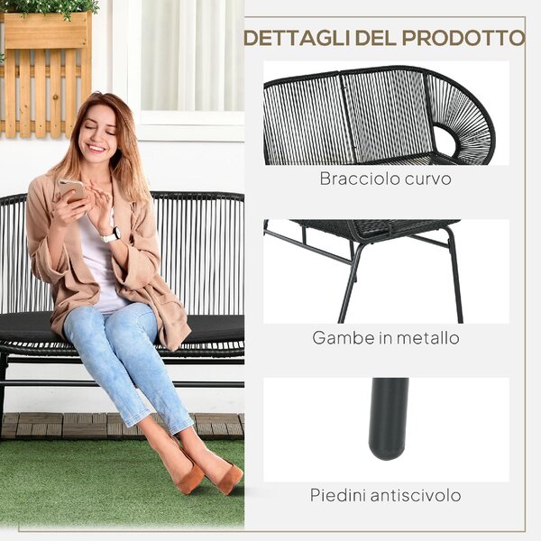 VivaGarden Divano da Esterno 2 Posti con Cuscini e Braccioli in Rattan PE e Acciaio 132x72x83 cm colore Nero