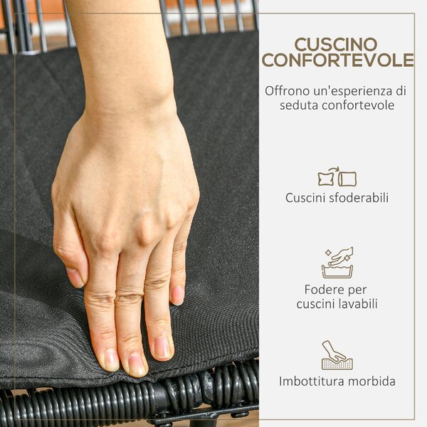 VivaGarden Divano da Esterno 2 Posti con Cuscini e Braccioli in Rattan PE e Acciaio 132x72x83 cm colore Nero