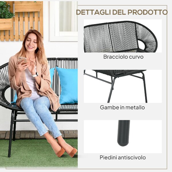 VivaGarden Divano da Esterno 2 Posti con Cuscini e Braccioli in Rattan PE e Acciaio 132x72x83 cm colore Nero