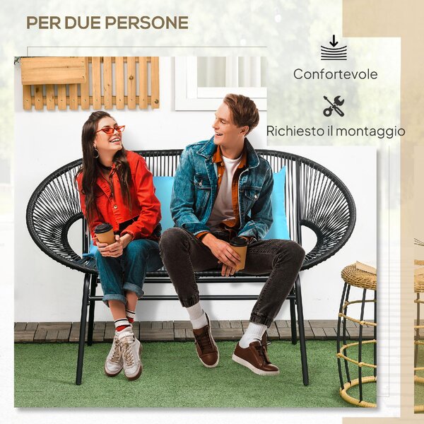 VivaGarden Divano da Esterno 2 Posti con Cuscini e Braccioli in Rattan PE e Acciaio 132x72x83 cm colore Nero