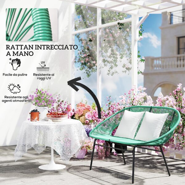 VivaGarden Divano da Esterno 2 Posti con Cuscini e Braccioli in Rattan PE e Acciaio 132x72x83 cm colore Verde