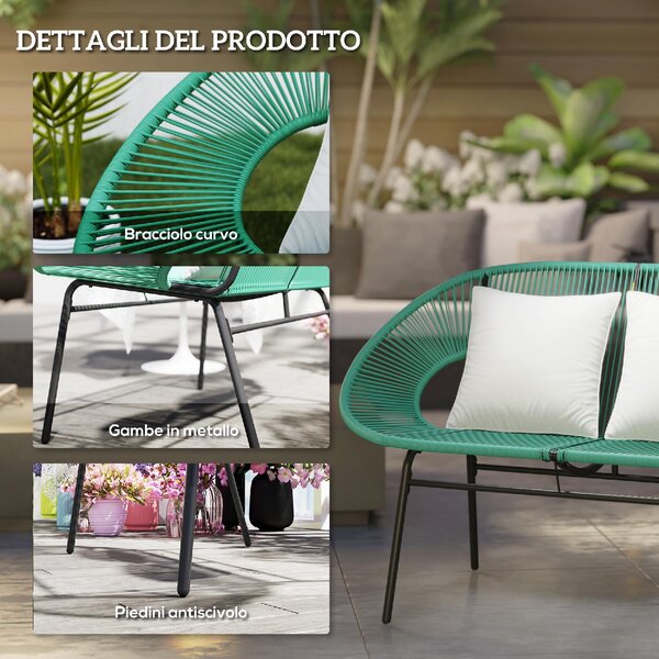 VivaGarden Divano da Esterno 2 Posti con Cuscini e Braccioli in Rattan PE e Acciaio 132x72x83 cm colore Verde