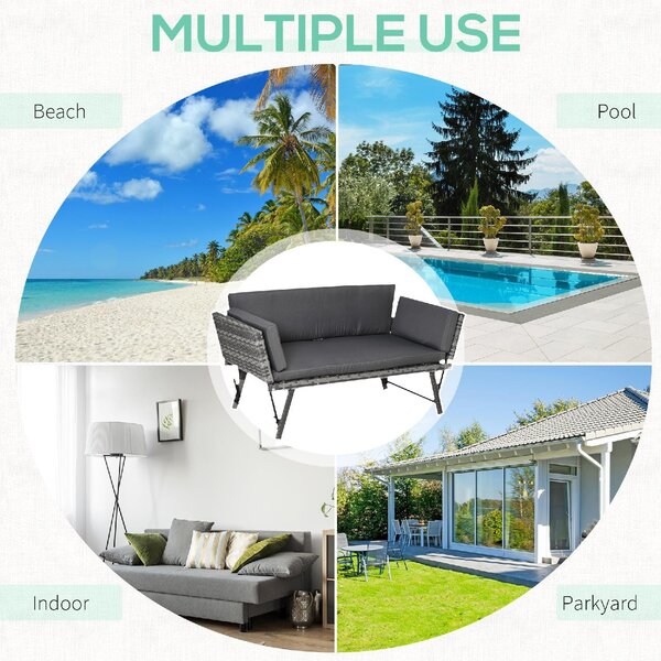 VivaGarden Divano da Esterno 2 Posti con Cuscini e Braccioli Ribaltabili in Rattan PE 129x63x67 cm colore Grigio
