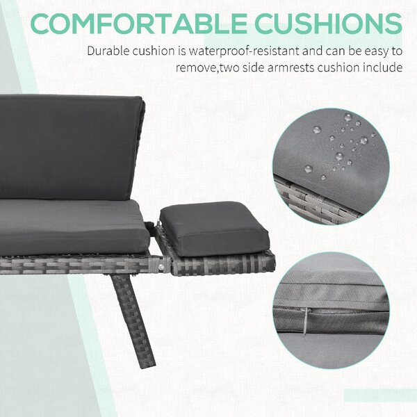 VivaGarden Divano da Esterno 2 Posti con Cuscini e Braccioli Ribaltabili in Rattan PE 129x63x67 cm colore Grigio