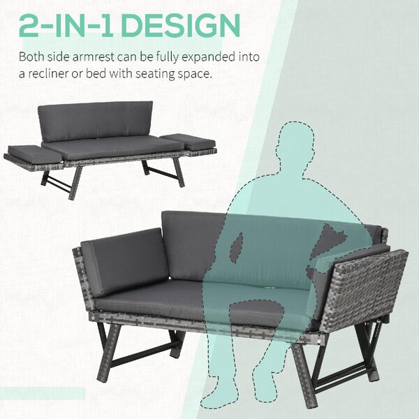 VivaGarden Divano da Esterno 2 Posti con Cuscini e Braccioli Ribaltabili in Rattan PE 129x63x67 cm colore Grigio