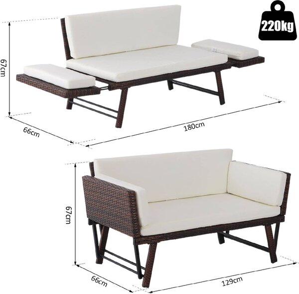 VivaGarden Divano da Esterno 2 Posti con Cuscini e Braccioli Ribaltabili in Rattan PE 129x63x67 cm colore Bianco