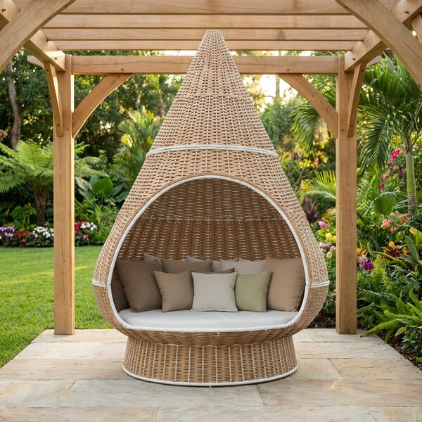 VivaGarden Divano da Esterno 2 Posti con Struttura a Conchiglione con Cuscini in Alluminio e Rattan PE 296x200x200 cm colore Legno Naturale