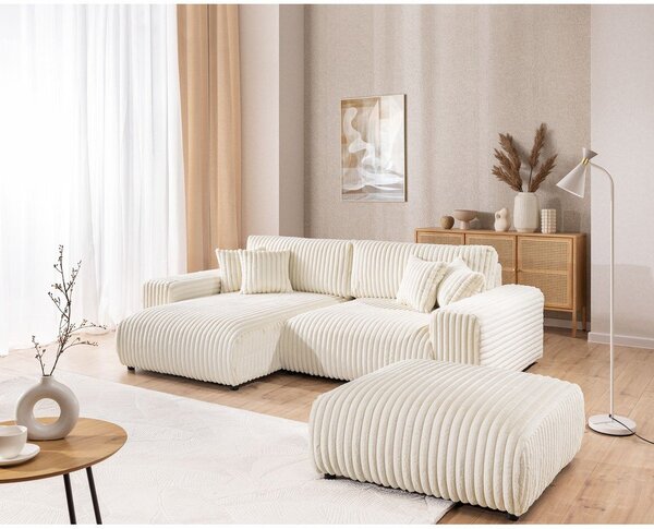Divano angolare con penisola a sinistra color crema e rivestimento in velluto a coste allungabile e con contenitore Sarina – Ropez