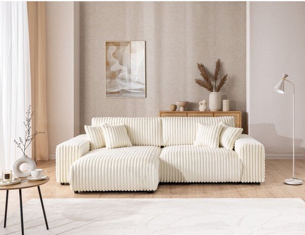 Divano angolare con penisola a sinistra color crema e rivestimento in velluto a coste allungabile e con contenitore Sarina – Ropez