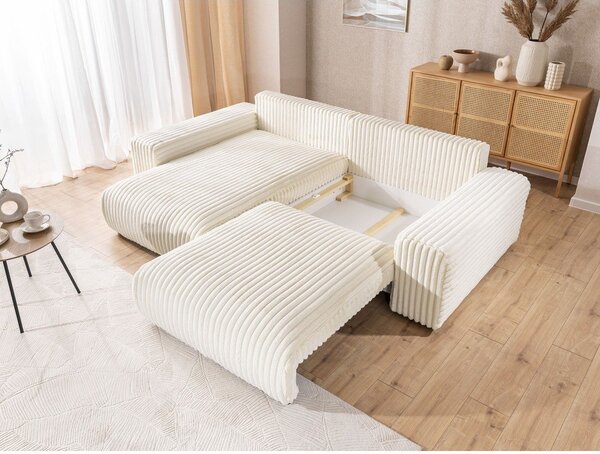 Divano angolare con penisola a sinistra color crema e rivestimento in velluto a coste allungabile e con contenitore Sarina – Ropez