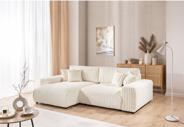 Divano angolare con penisola a sinistra color crema e rivestimento in velluto a coste allungabile e con contenitore Sarina – Ropez