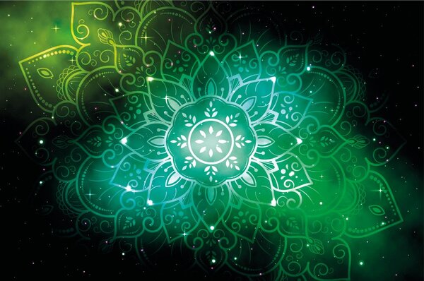 Carta da parati – Mandala verde con sfondo galattico