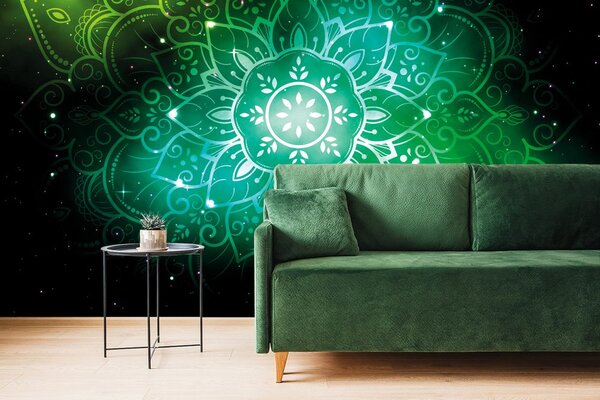 Carta da parati – Mandala verde con sfondo galattico