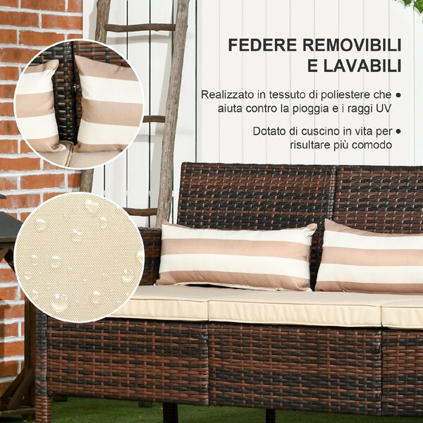 VivaGarden Divano da Esterno 3 Posti in Rattan PE con Cuscini Imbottiti e Sfoderabili 173x68x78 cm colore Marrone