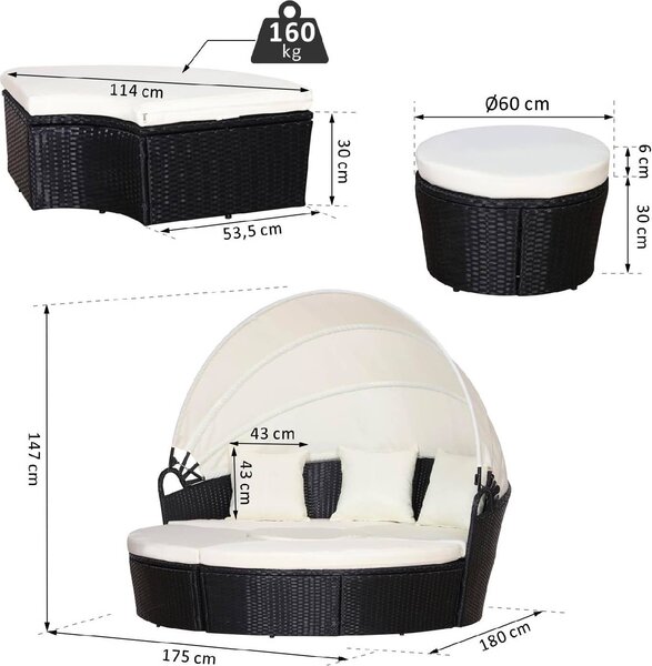 VivaGarden Divano da Esterno a conchiglia con Cuscini in Rattan PE 180x175x147 cm colore Nero/Beige