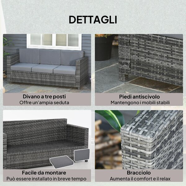 VivaGarden Divano da Esterno 3 Posti in Rattan PE e Metallo con Cuscini Imbottiti 185x70x80 cm colore Grigio