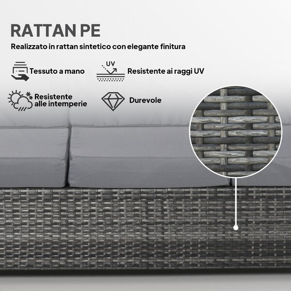 VivaGarden Divano da Esterno 3 Posti in Rattan PE e Metallo con Cuscini Imbottiti 185x70x80 cm colore Grigio