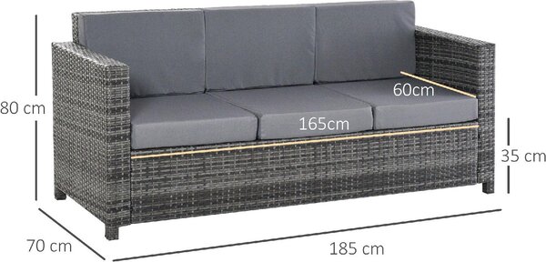 VivaGarden Divano da Esterno 3 Posti in Rattan PE e Metallo con Cuscini Imbottiti 185x70x80 cm colore Grigio