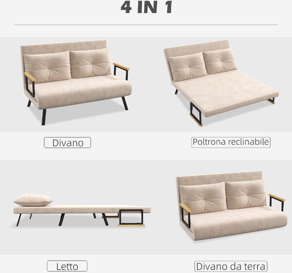 DecHome Divano Letto 2 Posti in Tessuto effetto Velluto Dimensioni 102x73x81 cm colore Beige