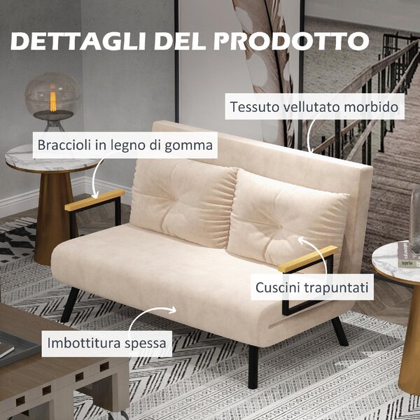 DecHome Divano Letto 2 Posti in Tessuto effetto Velluto Dimensioni 102x73x81 cm colore Beige