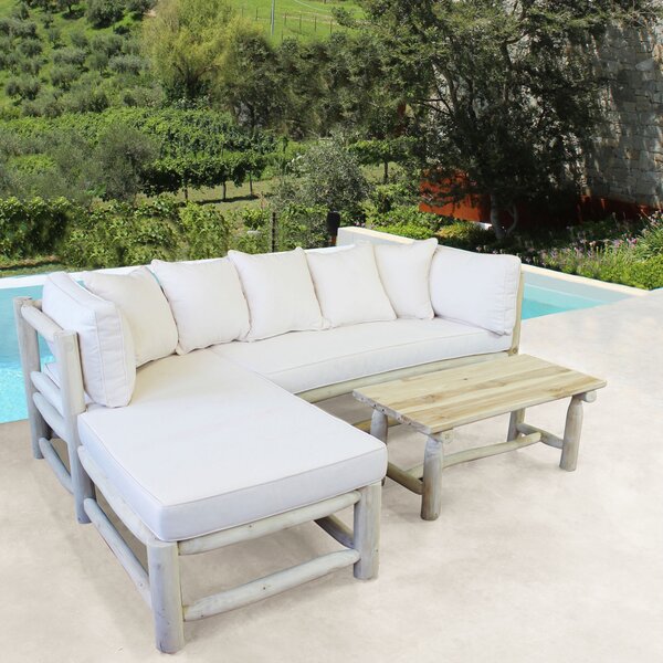 VivaGarden Divano da Esterno Chaise Loungue con Cuscini in Teak 140x150x67 cm colore Tortora e Bianco - Miguel