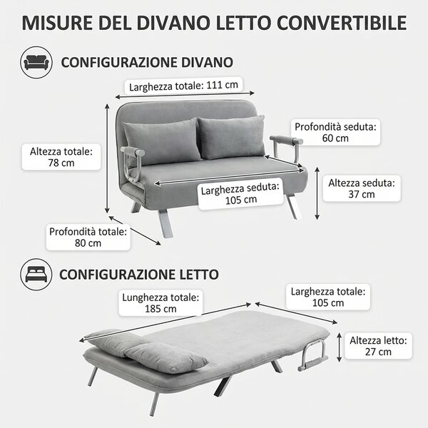 DecHome Divano Letto 2 Posti Moderno in Ecopelle Dimensioni 111x80x78 cm colore Grigio Chiaro