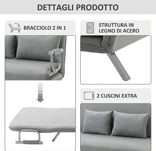 DecHome Divano Letto 2 Posti Moderno in Ecopelle Dimensioni 111x80x78 cm colore Grigio Chiaro