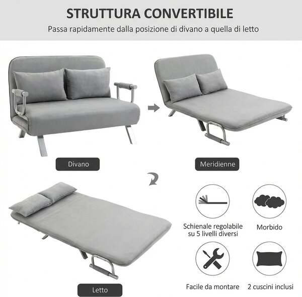 DecHome Divano Letto 2 Posti Moderno in Ecopelle Dimensioni 111x80x78 cm colore Grigio Chiaro
