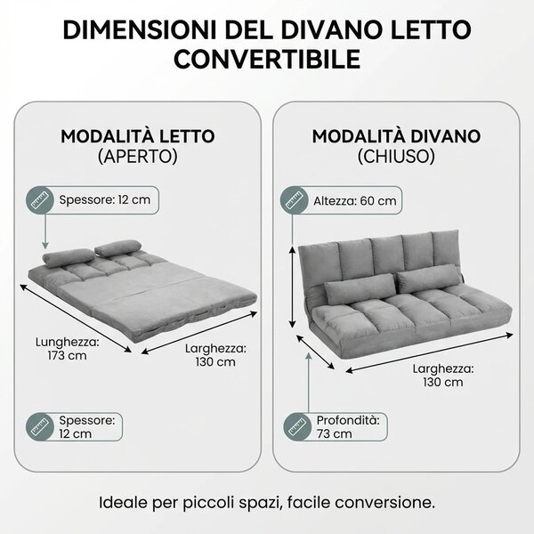 DecHome Divano Letto 2 Posti Moderno in Tessuto Scamosciato Dimensioni 130x73x60 cm colore Grigio Chiaro