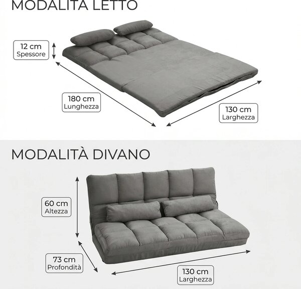 DecHome Divano Letto 2 Posti Moderno in Tessuto Scamosciato Dimensioni 130x73x60 cm colore Grigio Carbone