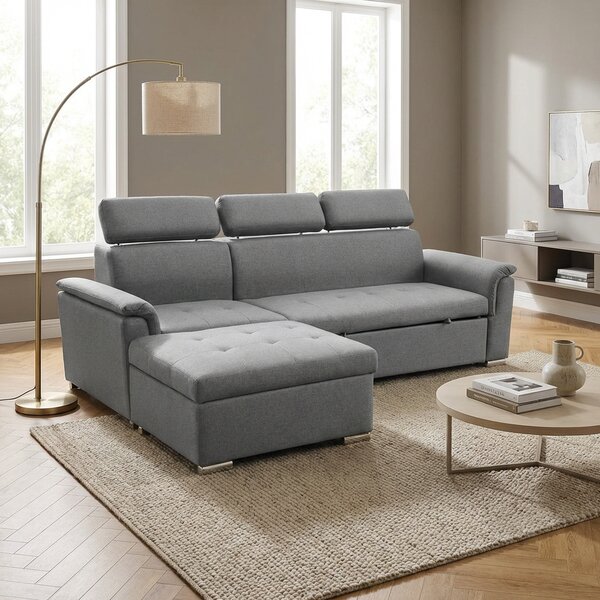 DecHome Divano Letto 3 Posti Moderno con Penisola in Tessuto Dimensioni 234x148x84 cm colore Grigio Chiaro