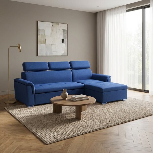 DecHome Divano Letto 3 Posti Moderno con Penisola in Tessuto Dimensioni 234x148x84 cm colore Blu