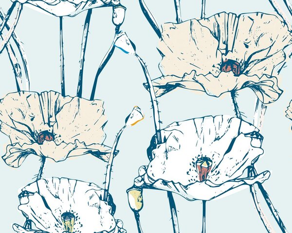Carta da parati – Papaveri fioriti in versione blu-beige
