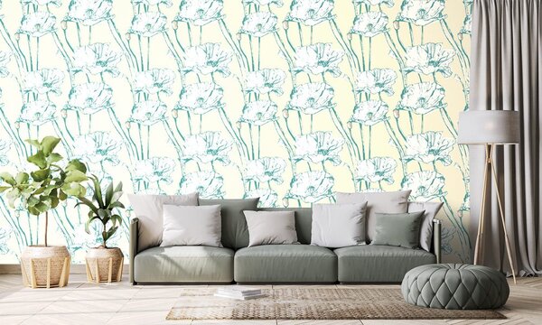 Carta da parati – Papaveri fioriti in versione giallo-verde