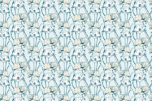 Carta da parati – Papaveri fioriti in versione blu-beige