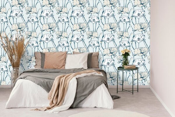 Carta da parati – Papaveri fioriti in versione blu-beige